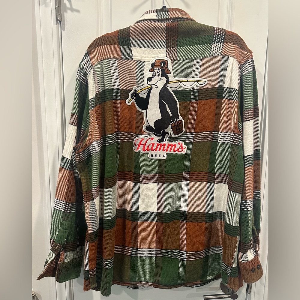 Men’s Angry Minnow Hamm’s Beer Fishing Club Brown/ Green Plaid Flannel- 2XL